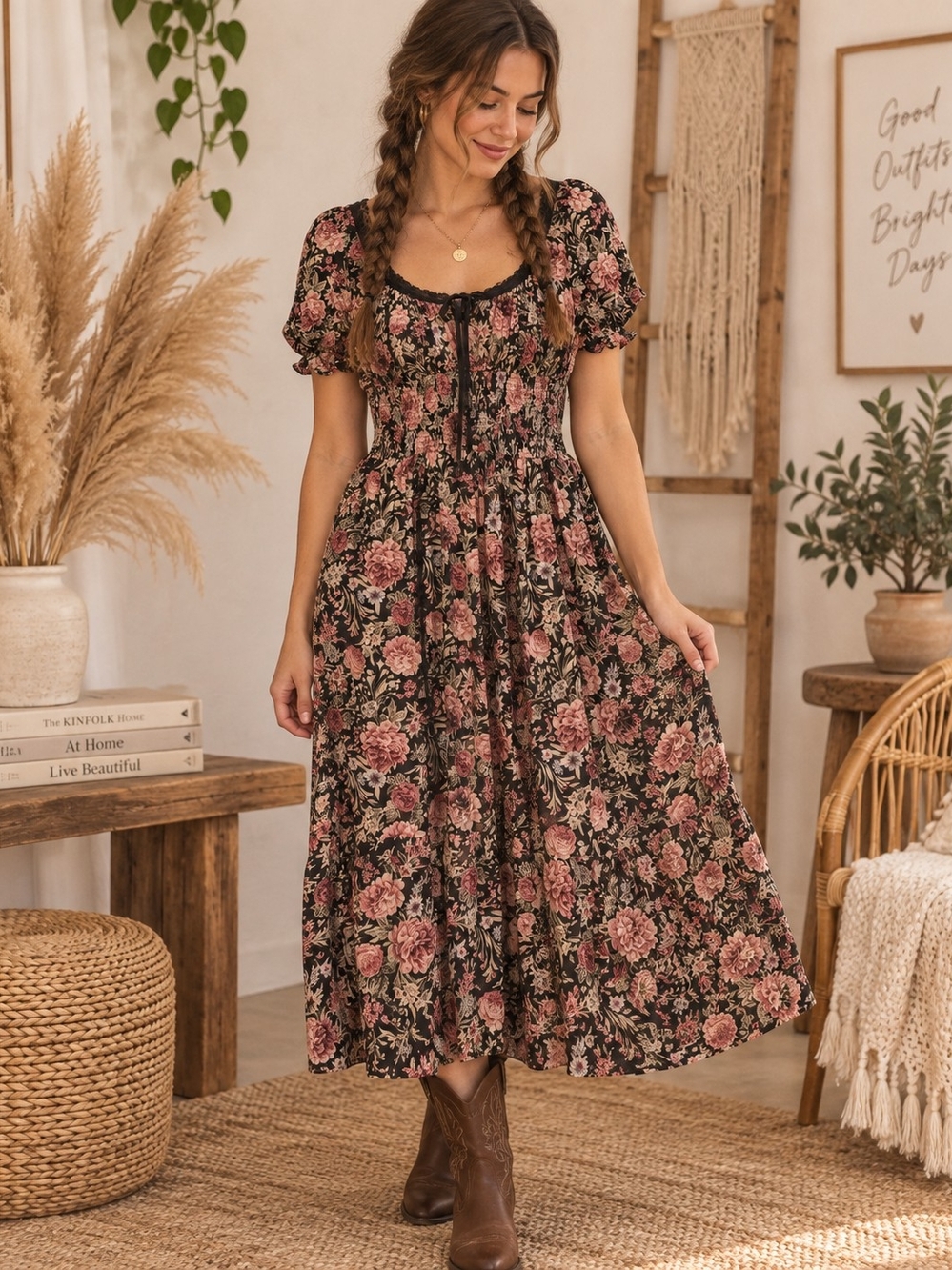 torrid Black Floral Maxi Dress with Rose Print and Puff Sleeves
